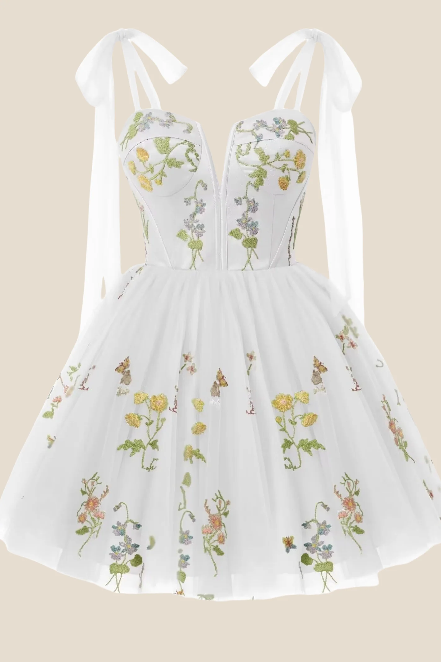 Sage Green Floral Embroidery A-line Short Dress - Image 7