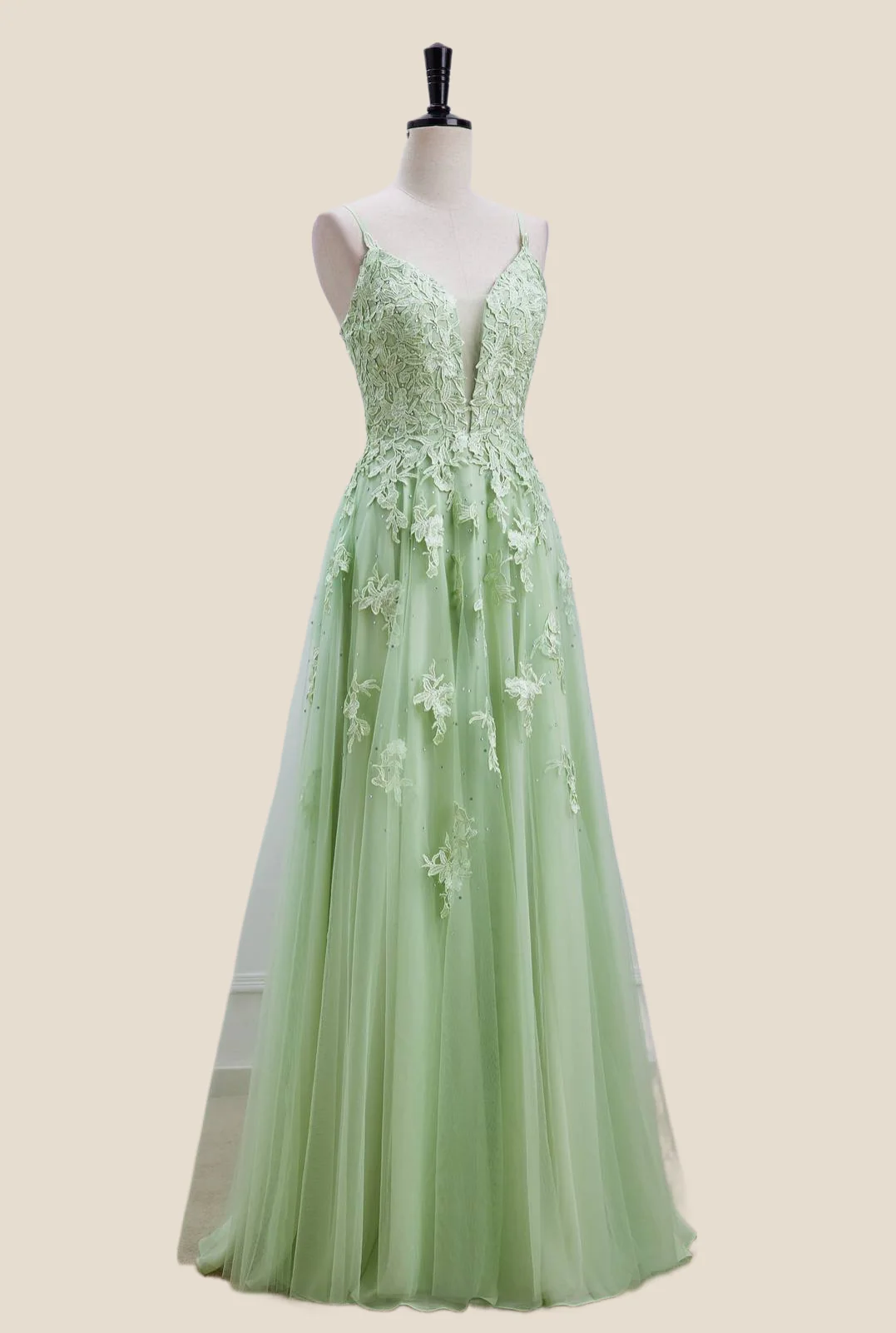 Sage Green Lace Appliques A-line Long Formal Dress - Image 6