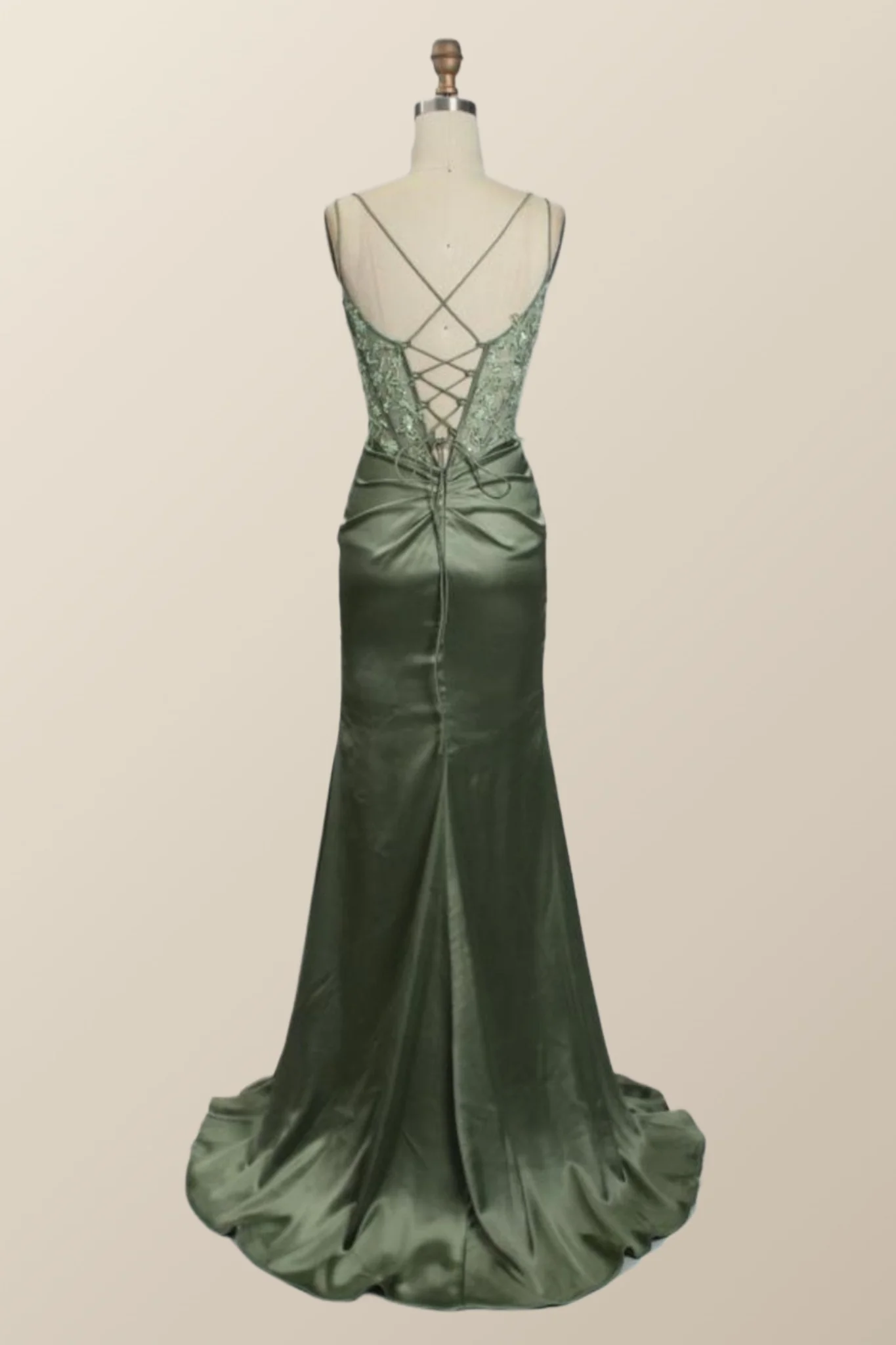 Sage Green Lace Appliques Mermaid Long Formal Dress - Image 3