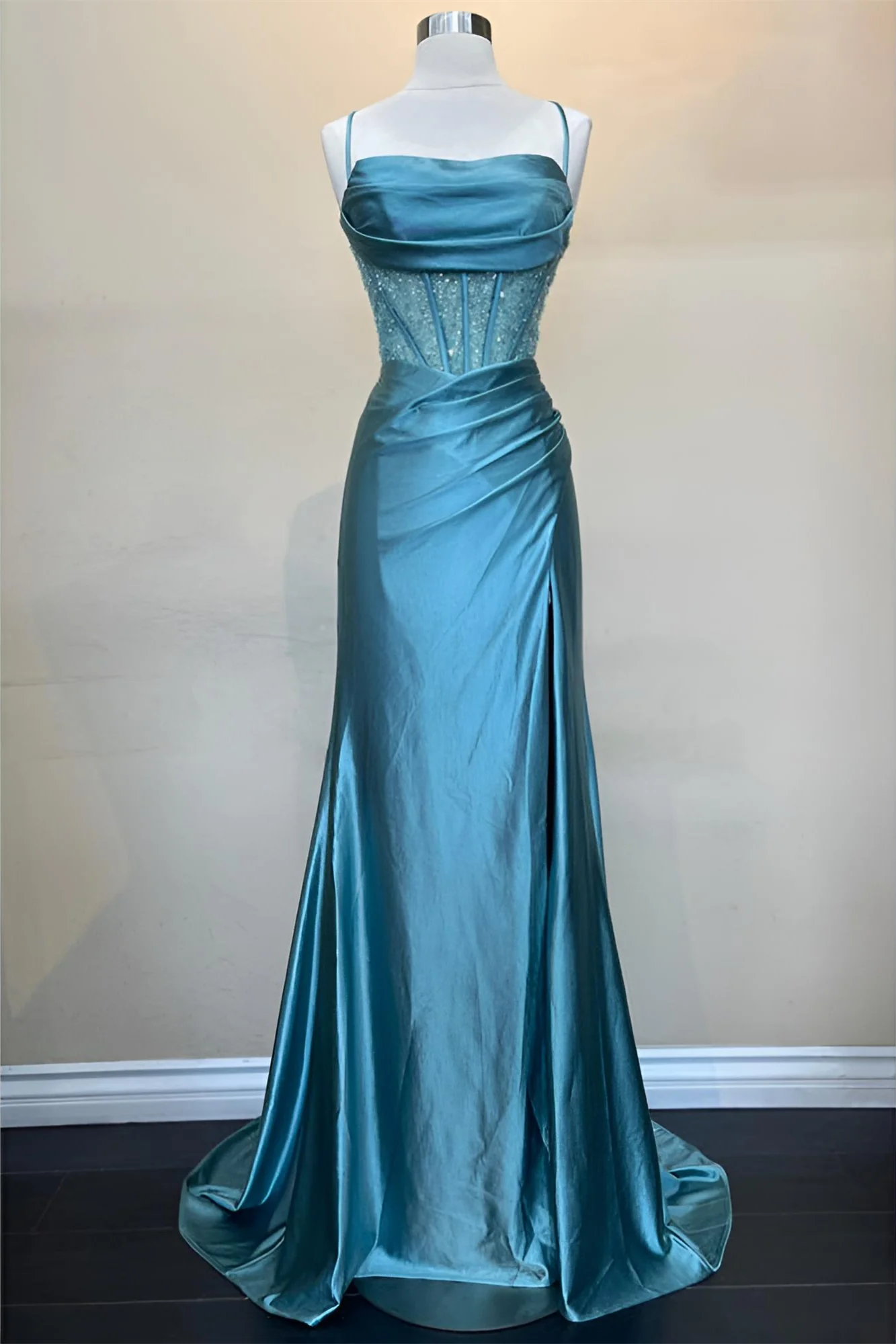 Sage Green Ruched Corset Mermaid Long Prom Dress - Image 5