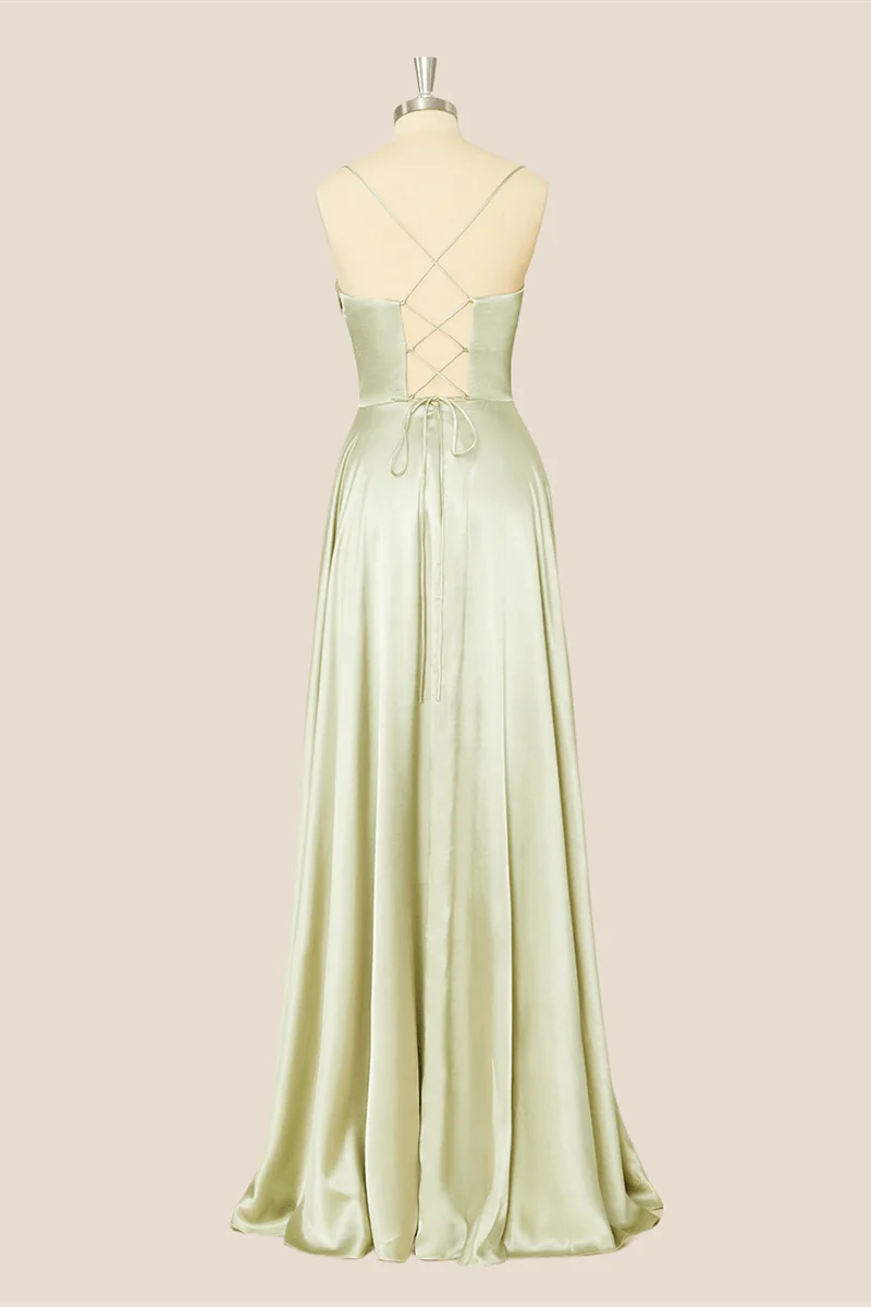 Cowl Neck Sage Green Satin A-line Long Formal Dress - Image 2