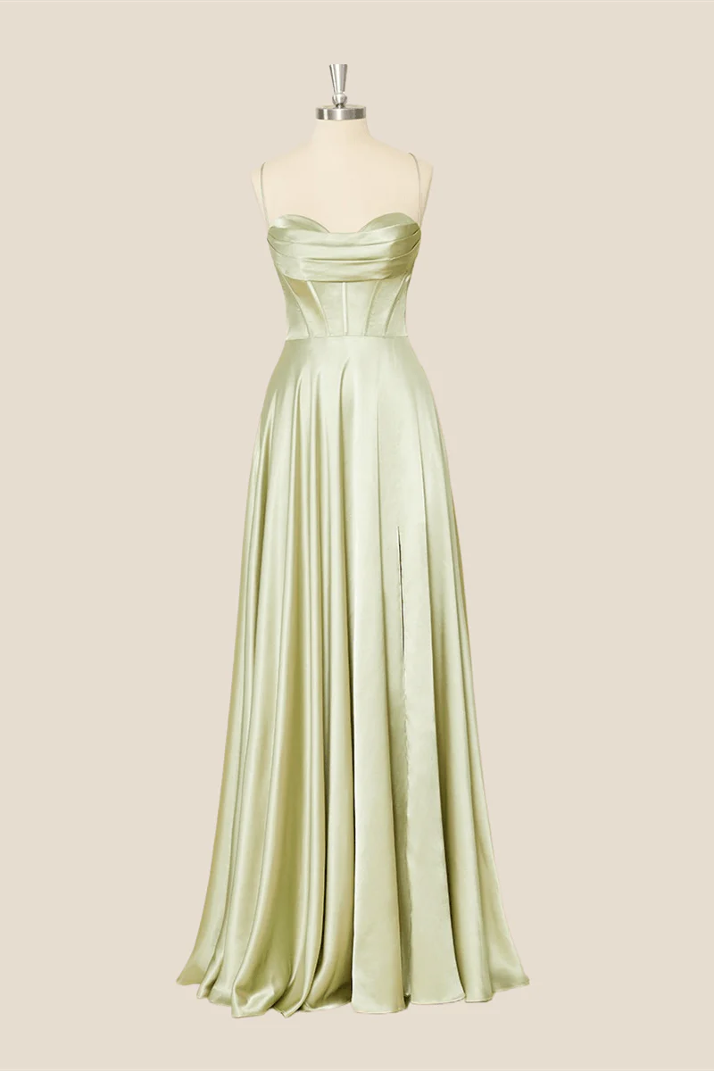 Cowl Neck Sage Green Satin A-line Long Formal Dress - Image 3