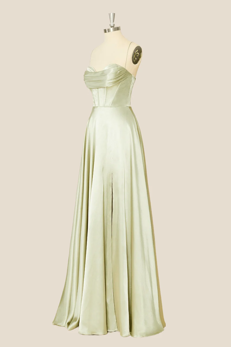 Cowl Neck Sage Green Satin A-line Long Formal Dress - Image 4