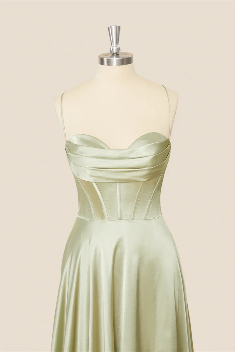 Cowl Neck Sage Green Satin A-line Long Formal Dress - Image 5