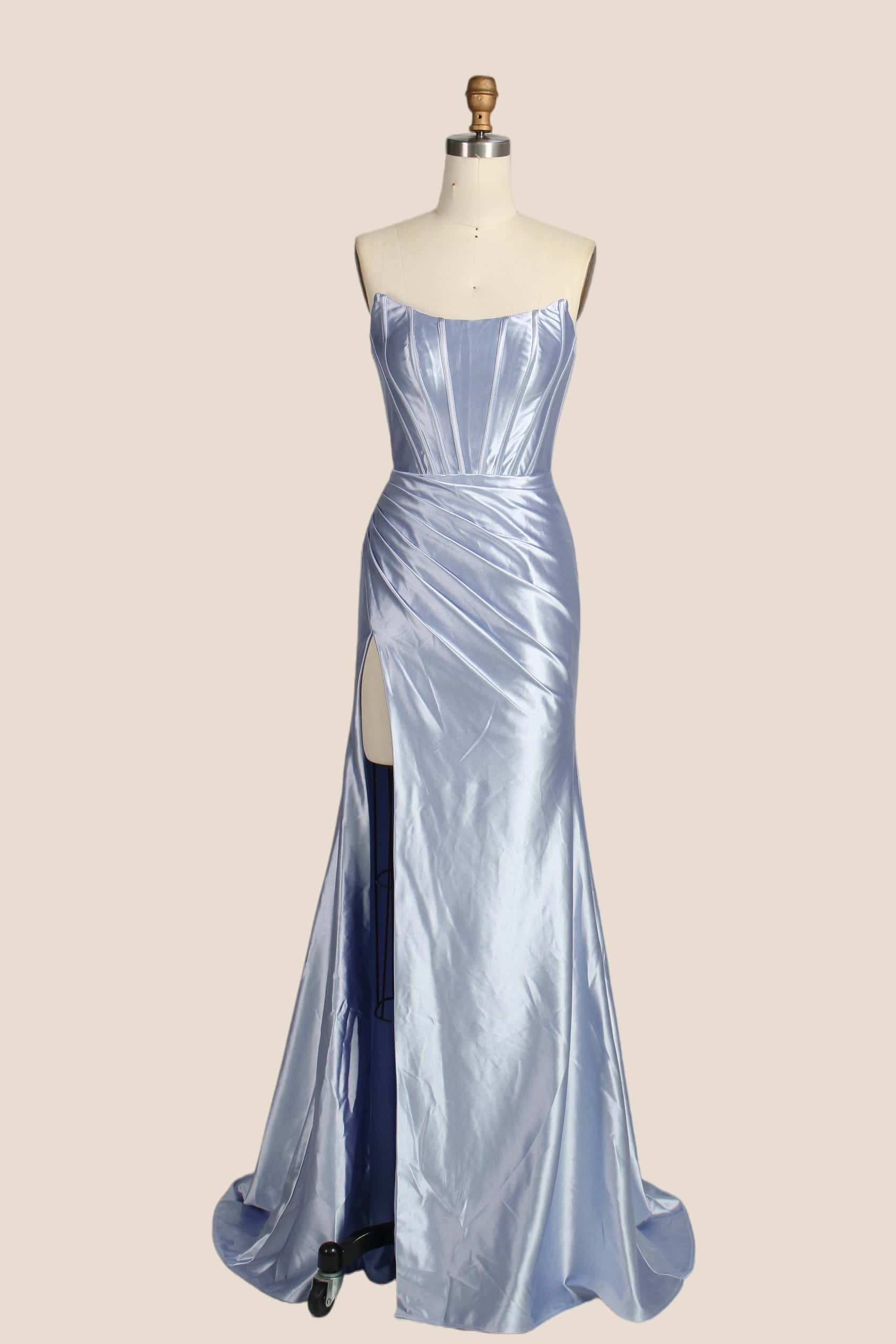 Sage Green Satin Ruched Strapless Long Formal Dress - Image 4