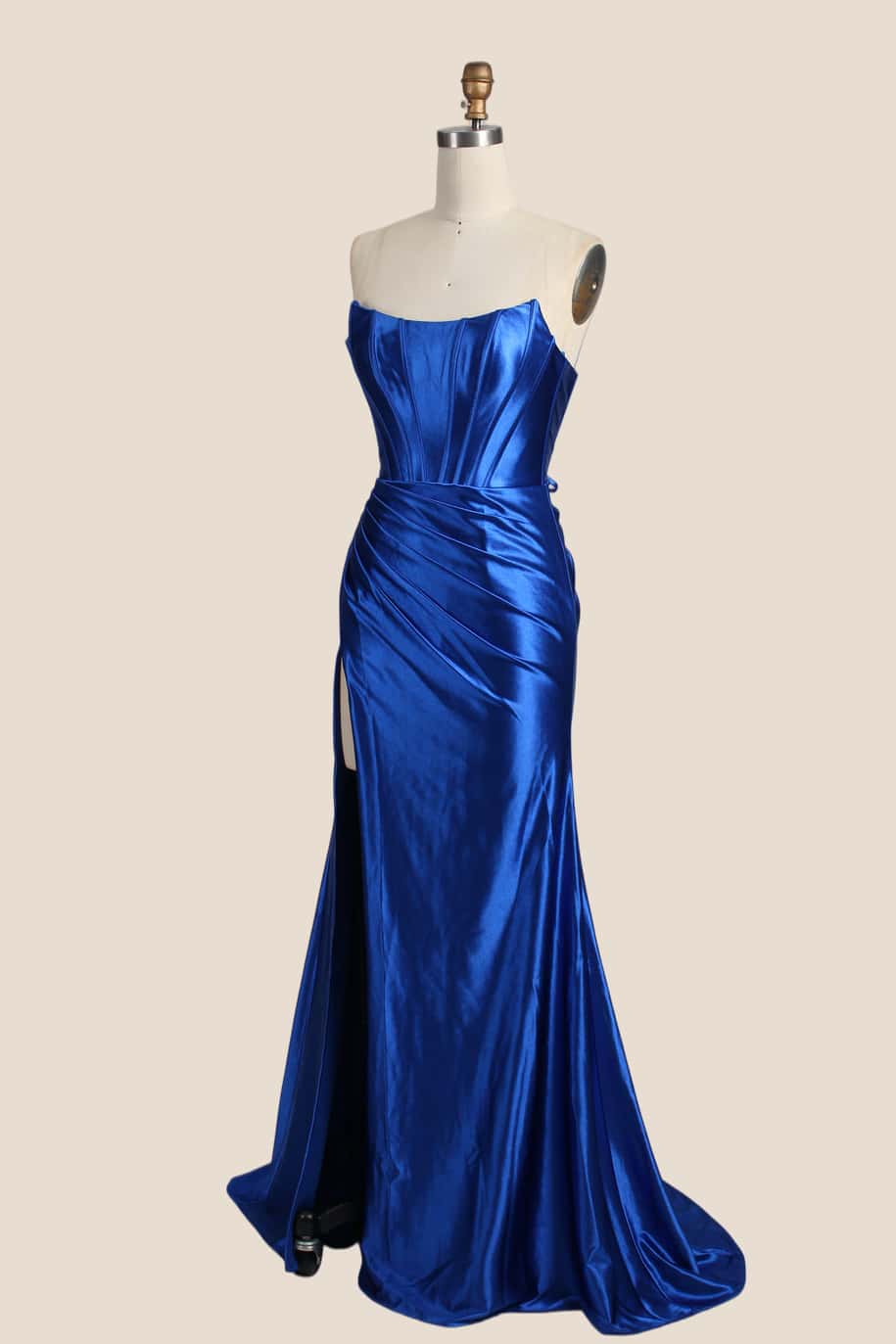 Sage Green Satin Ruched Strapless Long Formal Dress - Image 5