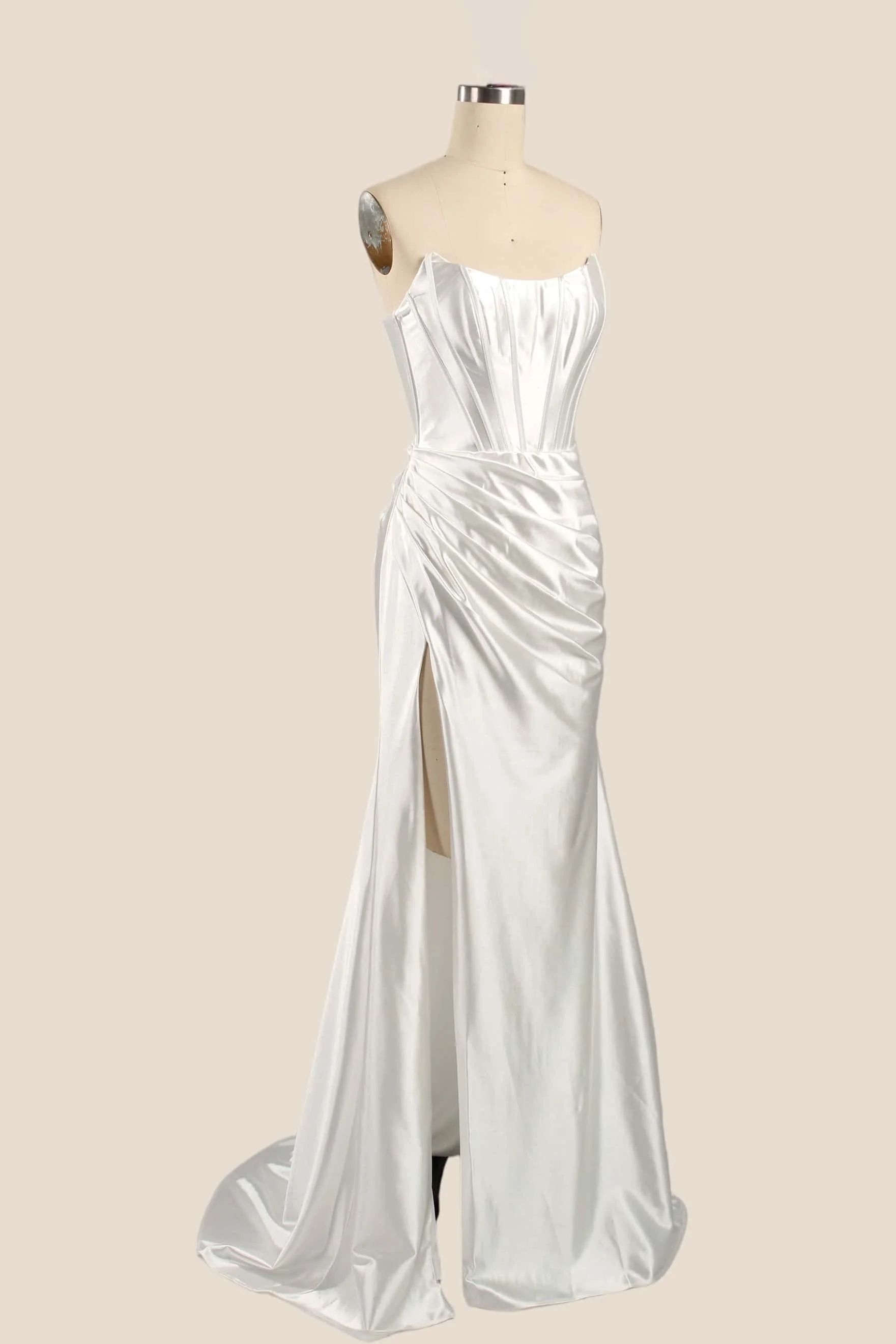 Sage Green Satin Ruched Strapless Long Formal Dress - Image 6