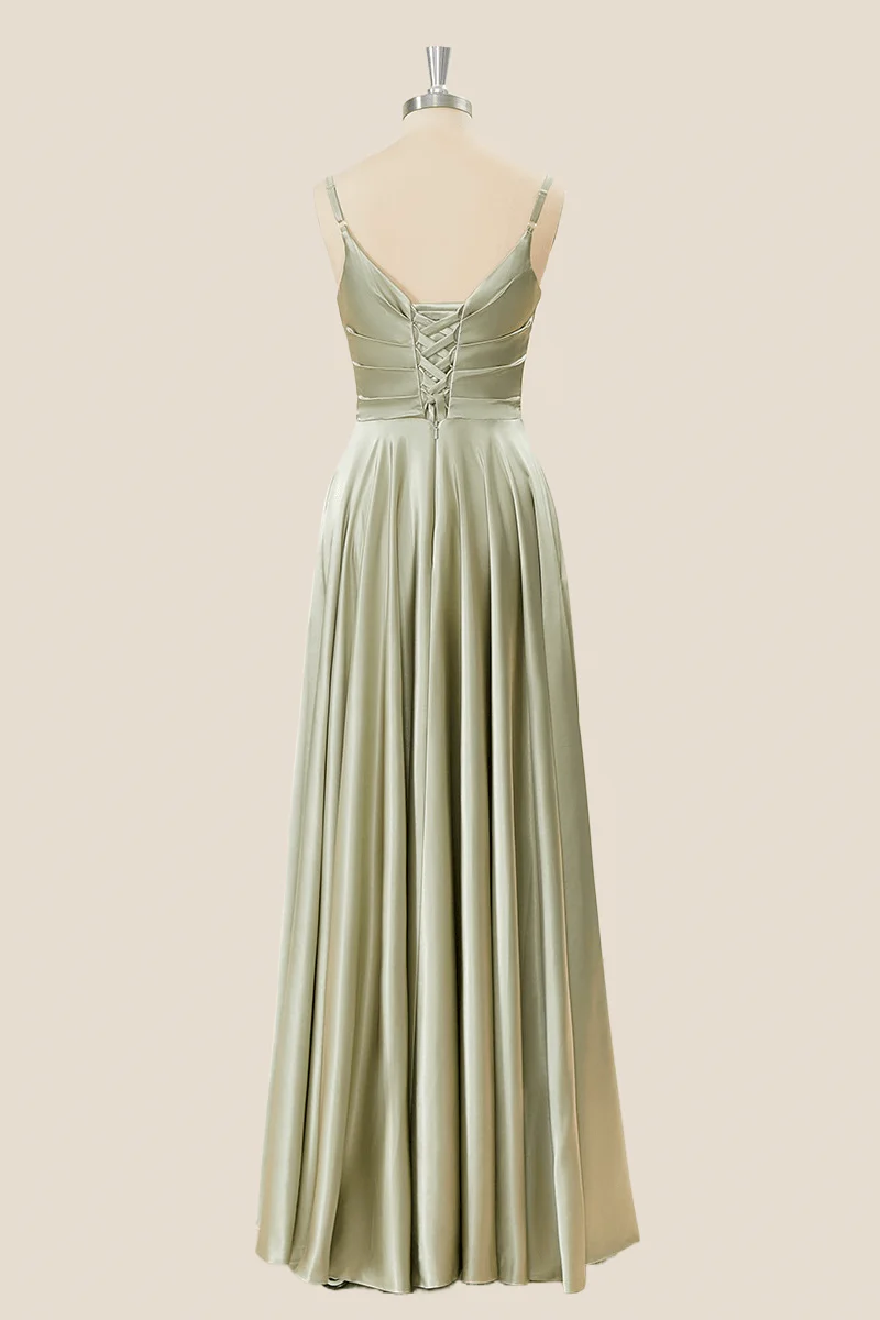 Sage Green Satin Straps A-line Long Formal Dress - Image 2