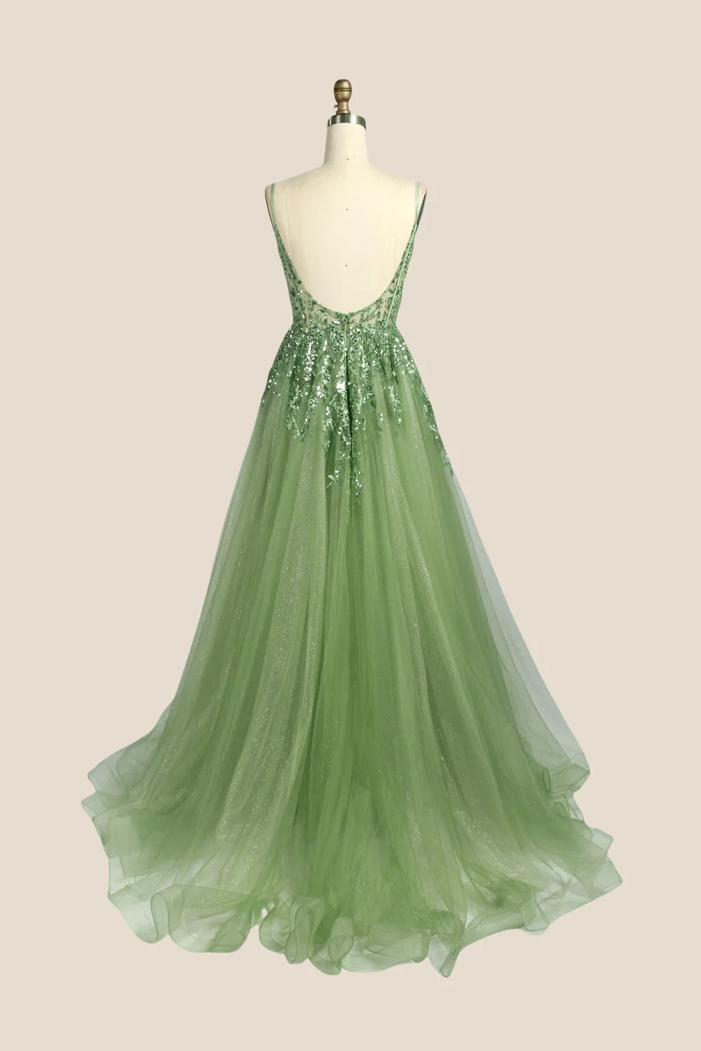 Sage Green Sequin A-line Long Dress with Slit - Image 2