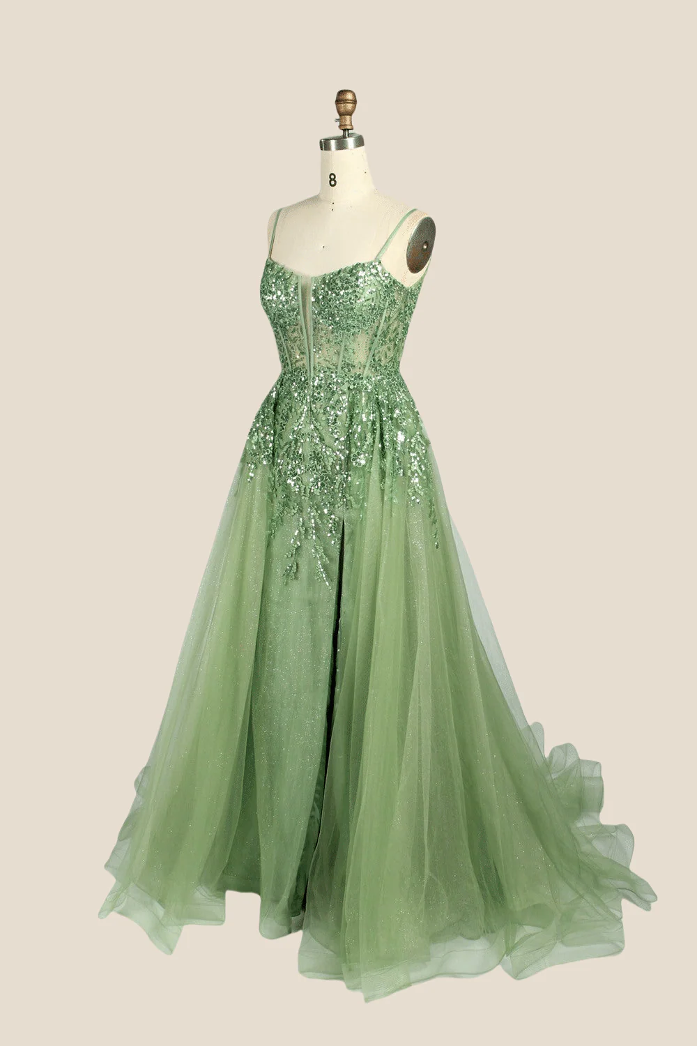 Sage Green Sequin A-line Long Dress with Slit - Image 3