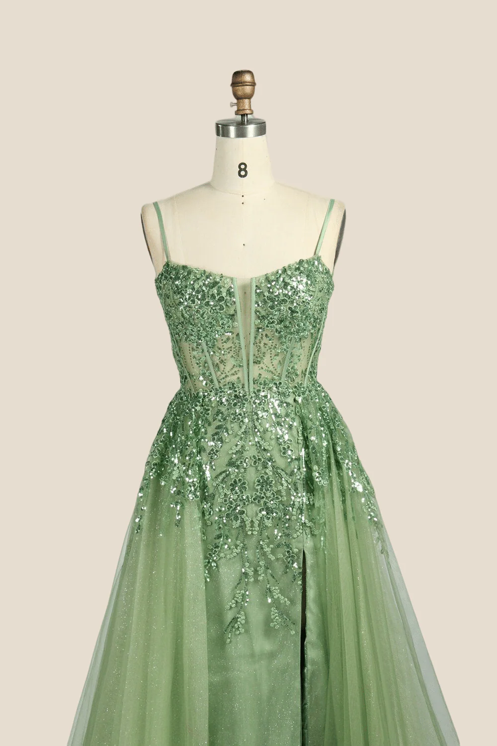 Sage Green Sequin A-line Long Dress with Slit - Image 4