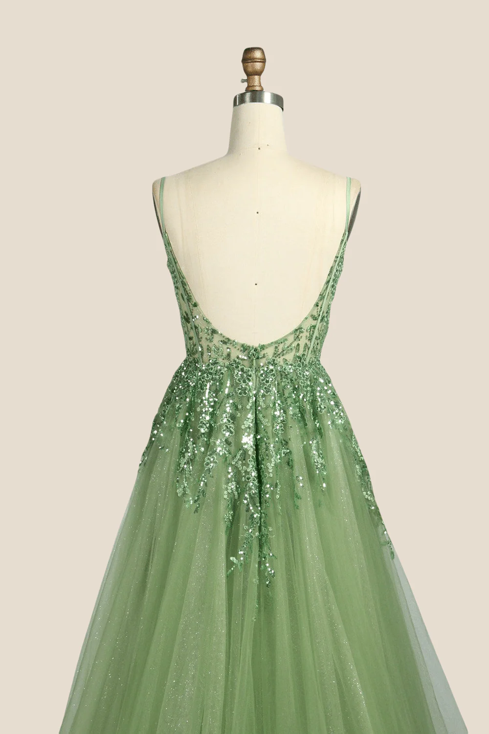 Sage Green Sequin A-line Long Dress with Slit - Image 5