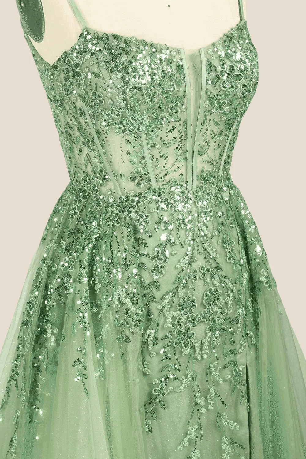 Sage Green Sequin A-line Long Dress with Slit - Image 6