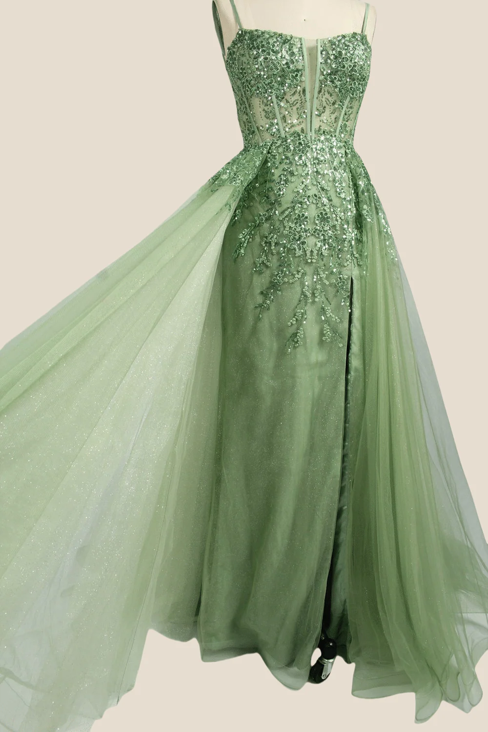 Sage Green Sequin A-line Long Dress with Slit - Image 7