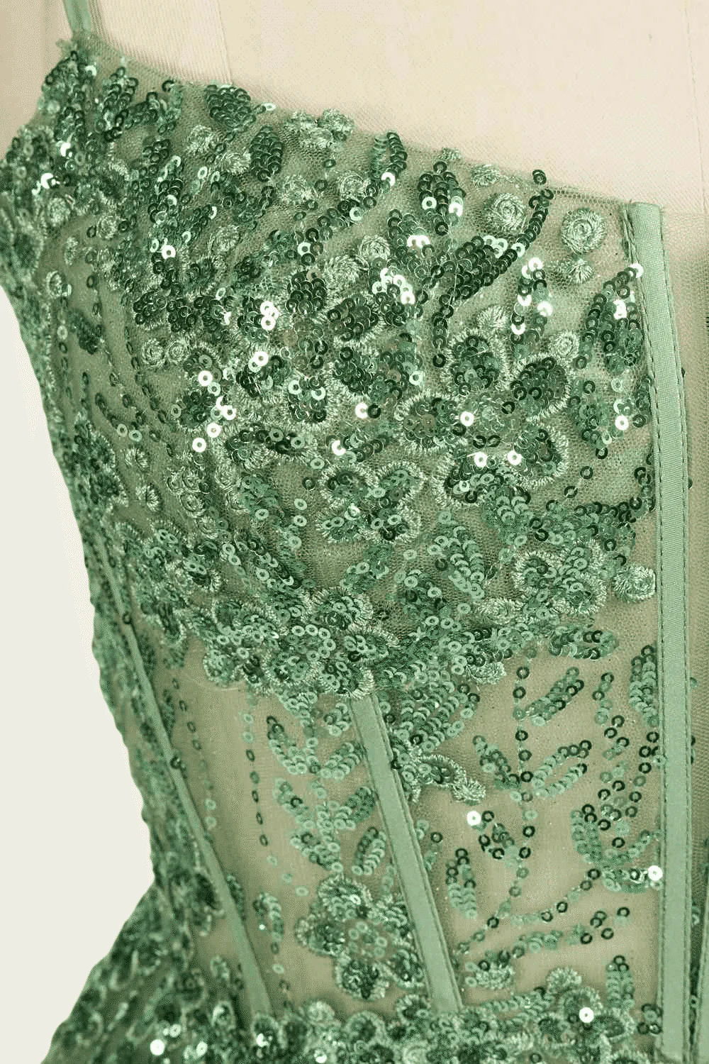 Sage Green Sequin A-line Long Dress with Slit - Image 8