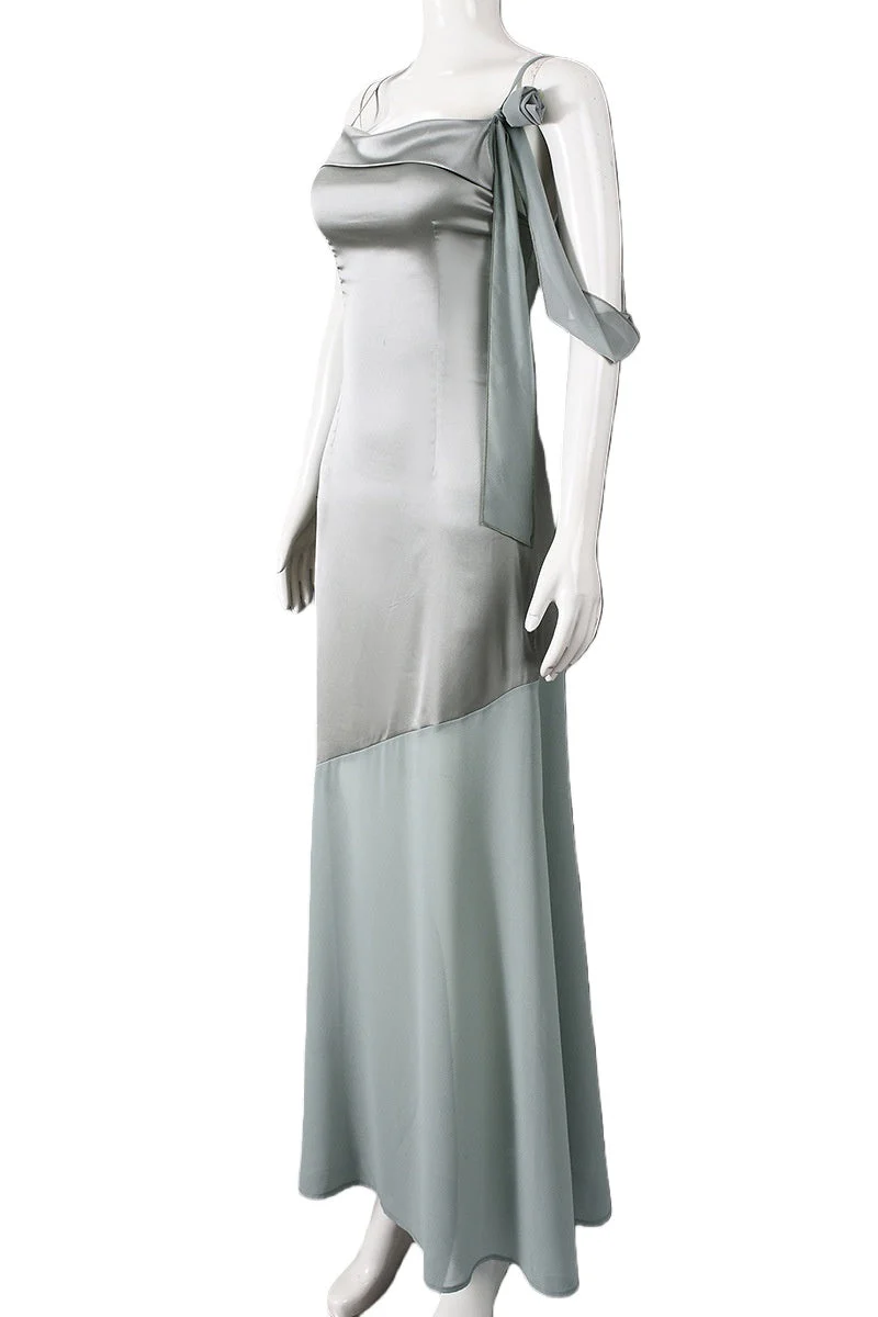 Misty Blue Staps Satin Fitted Long Dress - Image 3