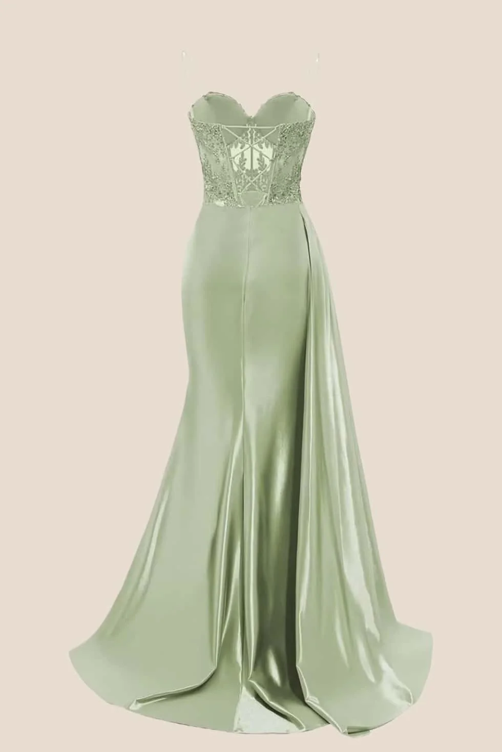 Sage Sheer Appliques Satin Long Prom Dress with Train - Image 2
