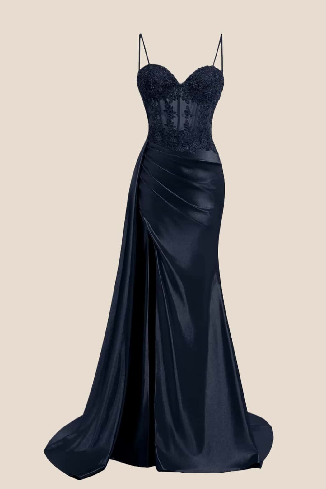 Sage Sheer Appliques Satin Long Prom Dress with Train - Image 5