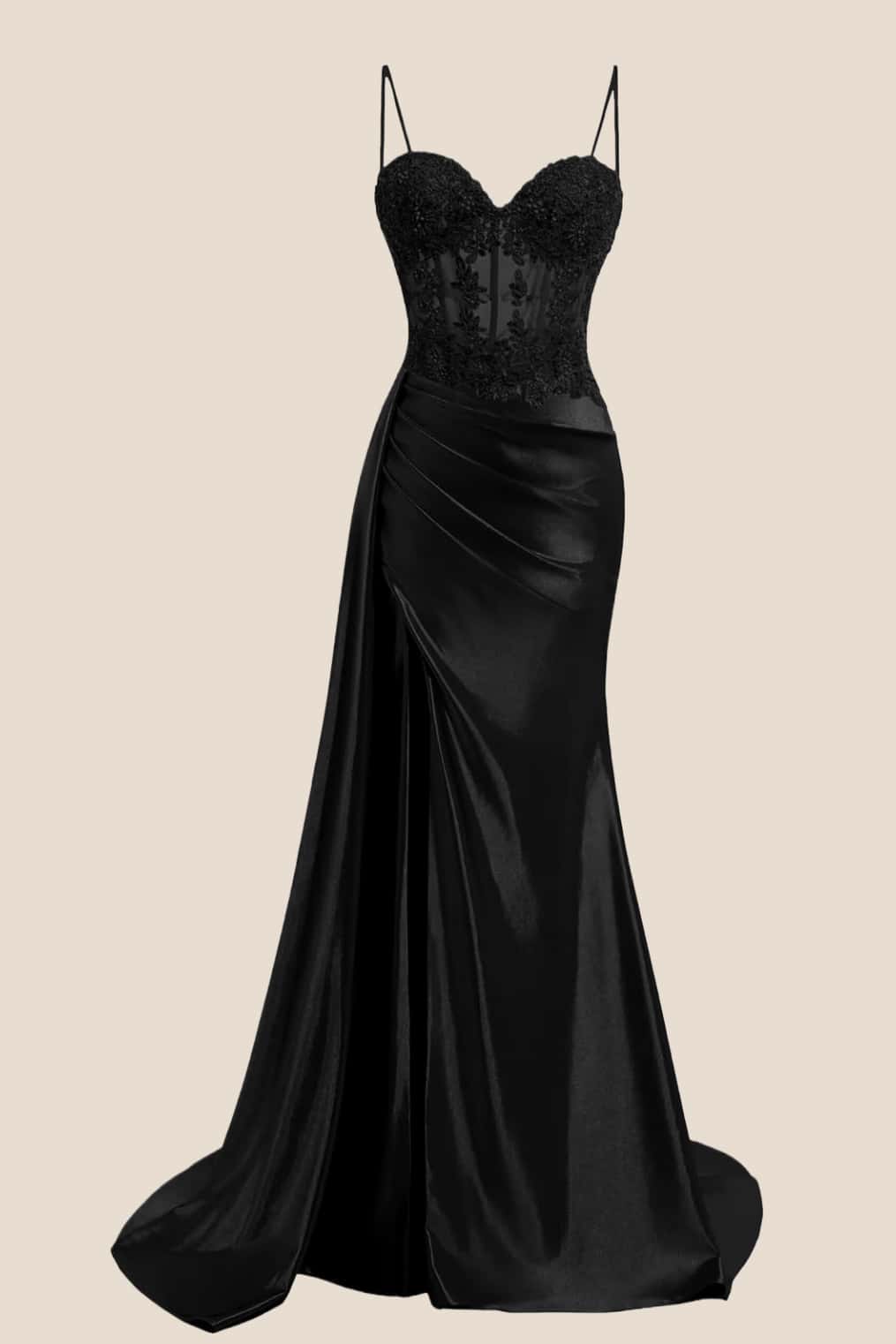 Sage Sheer Appliques Satin Long Prom Dress with Train - Image 6