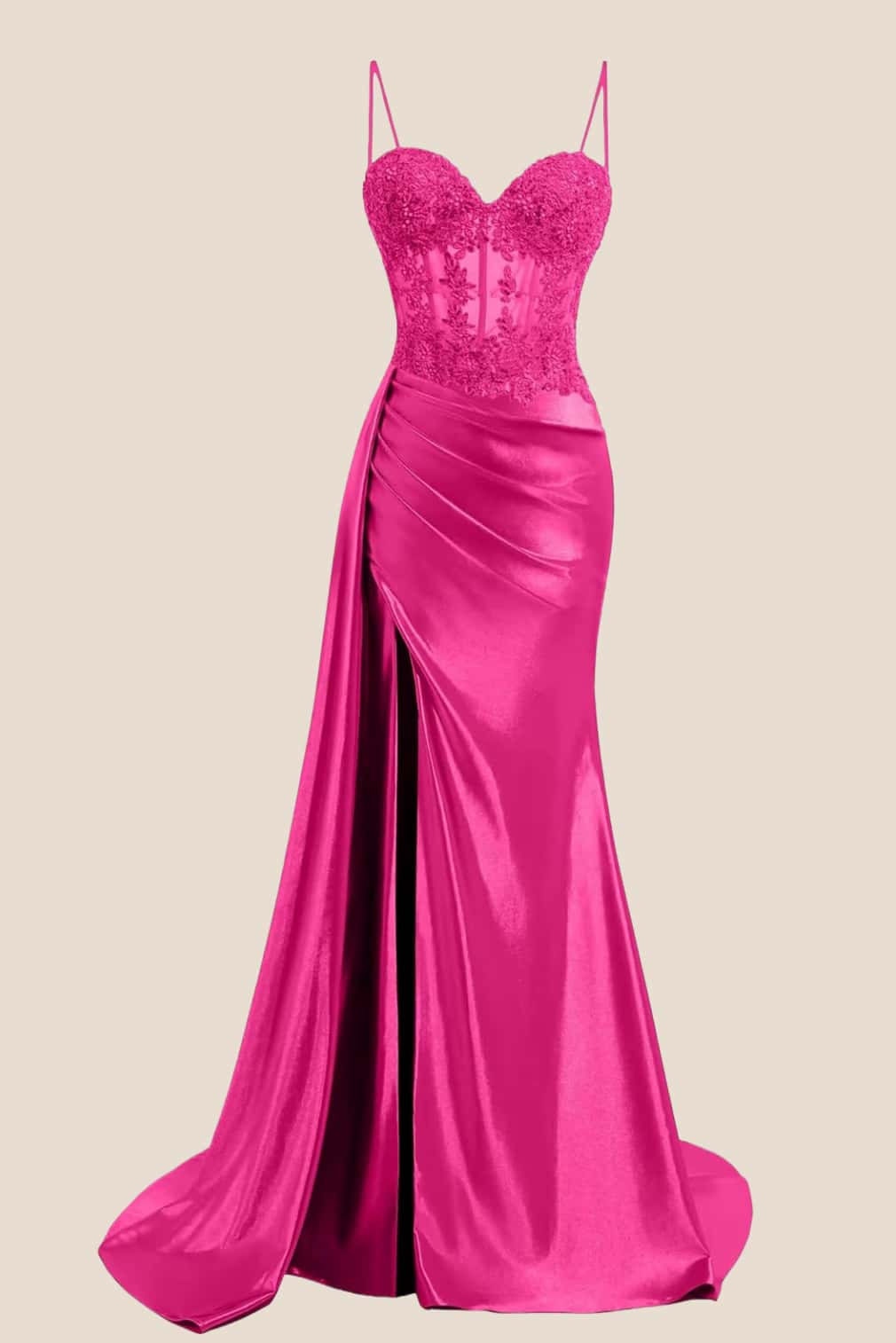 Sage Sheer Appliques Satin Long Prom Dress with Train - Image 8