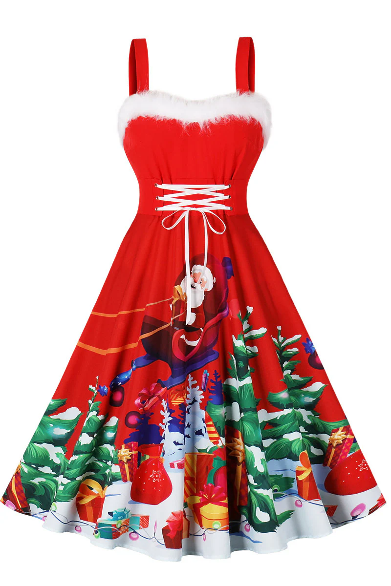 Santa Print Red A-line Christmas Dress