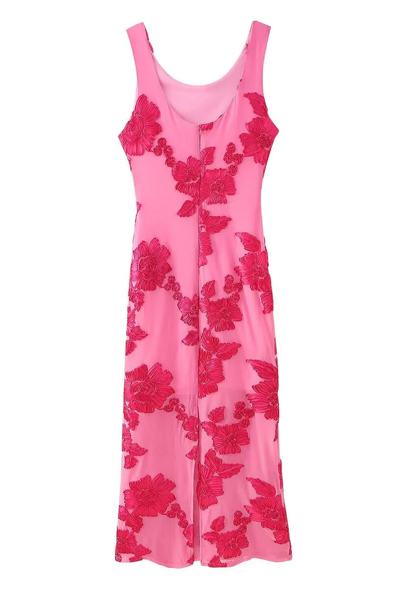 Scoop Hot Pink Floral Jacquard Fitted Long Dress - Image 2