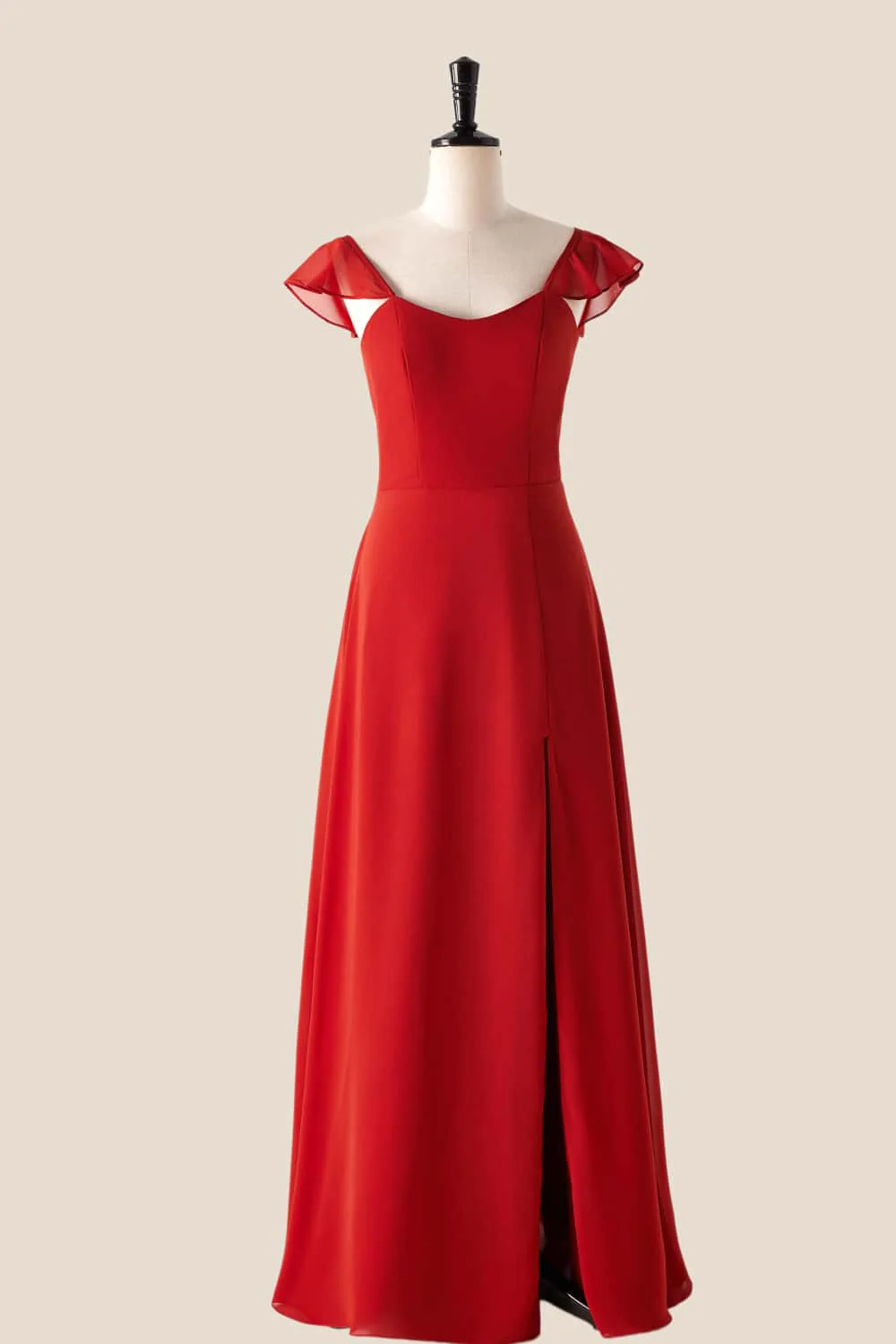 Scoop Rust Red Chiffon Long Bridesmaid Dress