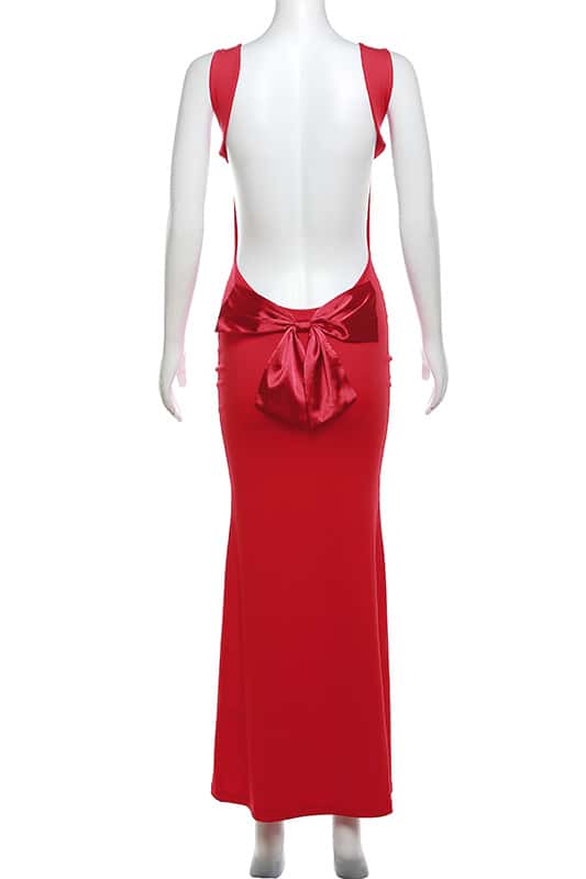 Sexy Red Backless Tight Bow Dress - Image 2