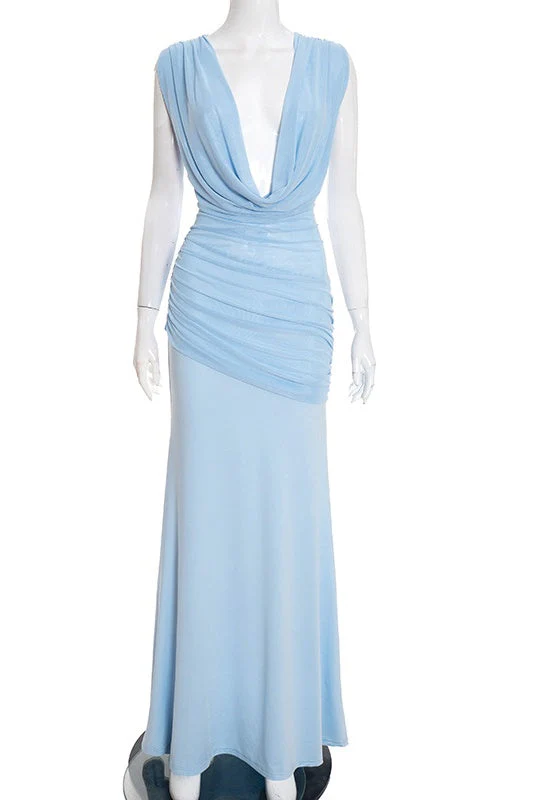 Sexy Light Blue Cowl Neck Draped Long Dress - Image 4