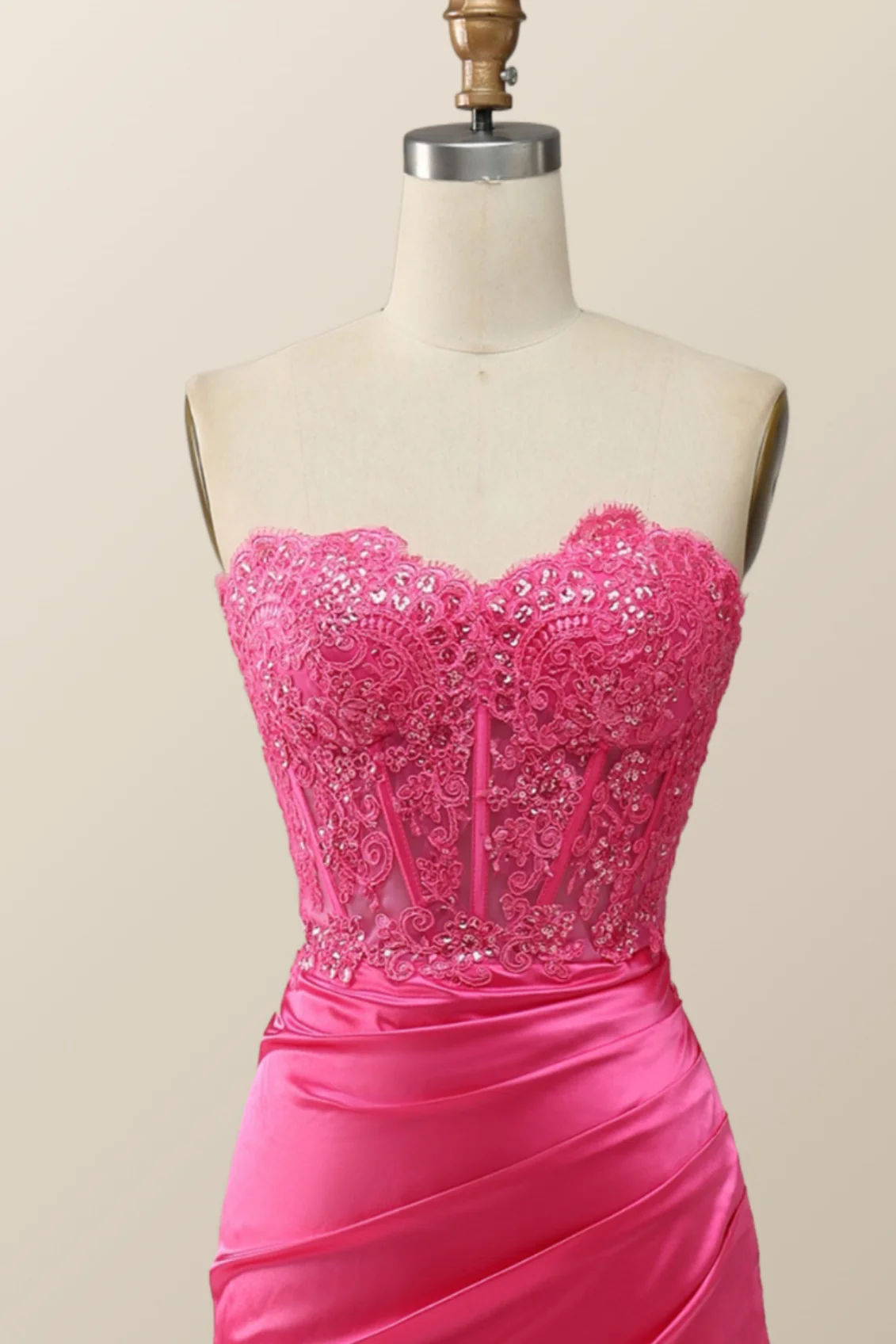 Sexy Pink Sweetheart Lace and Satin Long Dress - Image 4