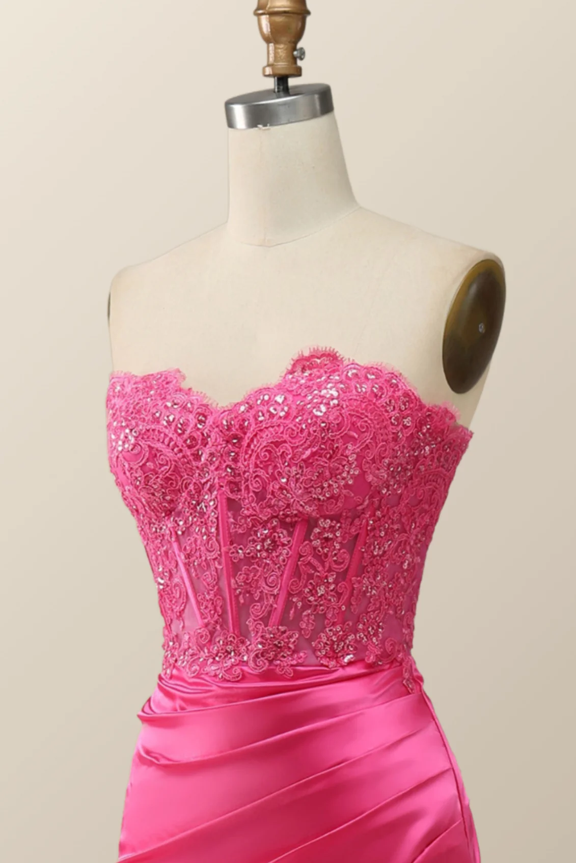 Sexy Pink Sweetheart Lace and Satin Long Dress - Image 5