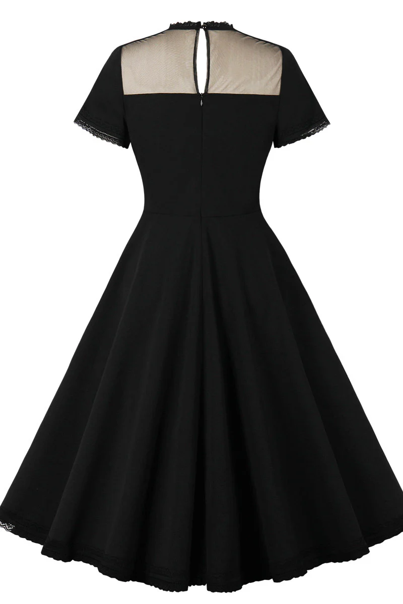 Sheer High Neck Black Swing Dress with Short Sleeves - Image 2