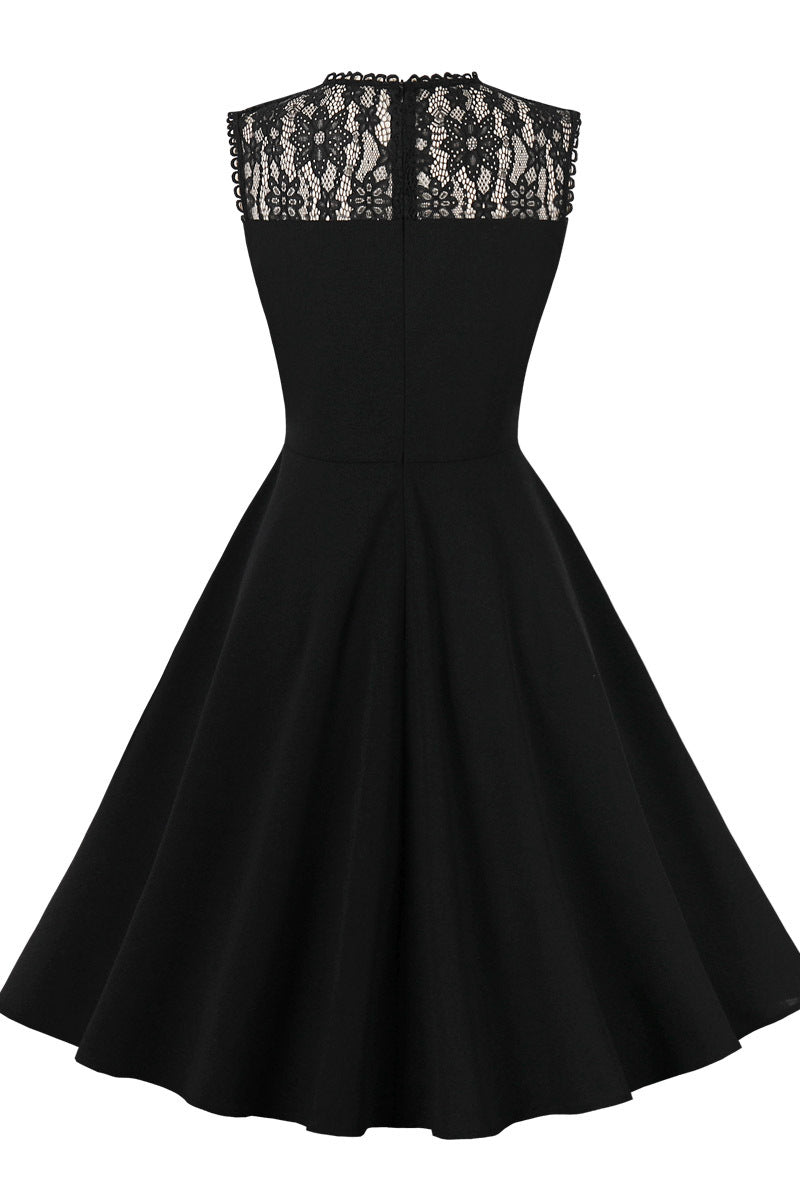 Sheer Lace Neck Black Swing Dress - Image 2