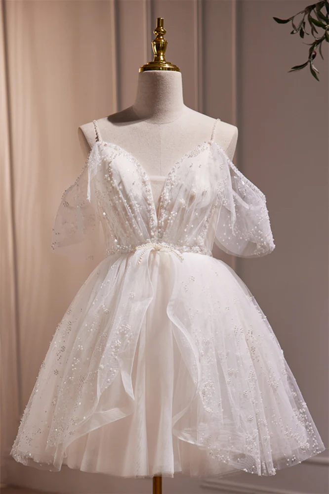 Off the Shoulder White Pearls A-line Short Dress