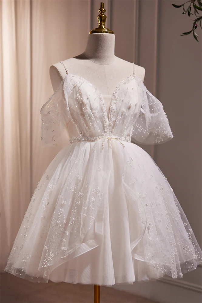 Off the Shoulder White Pearls A-line Short Dress - Image 2