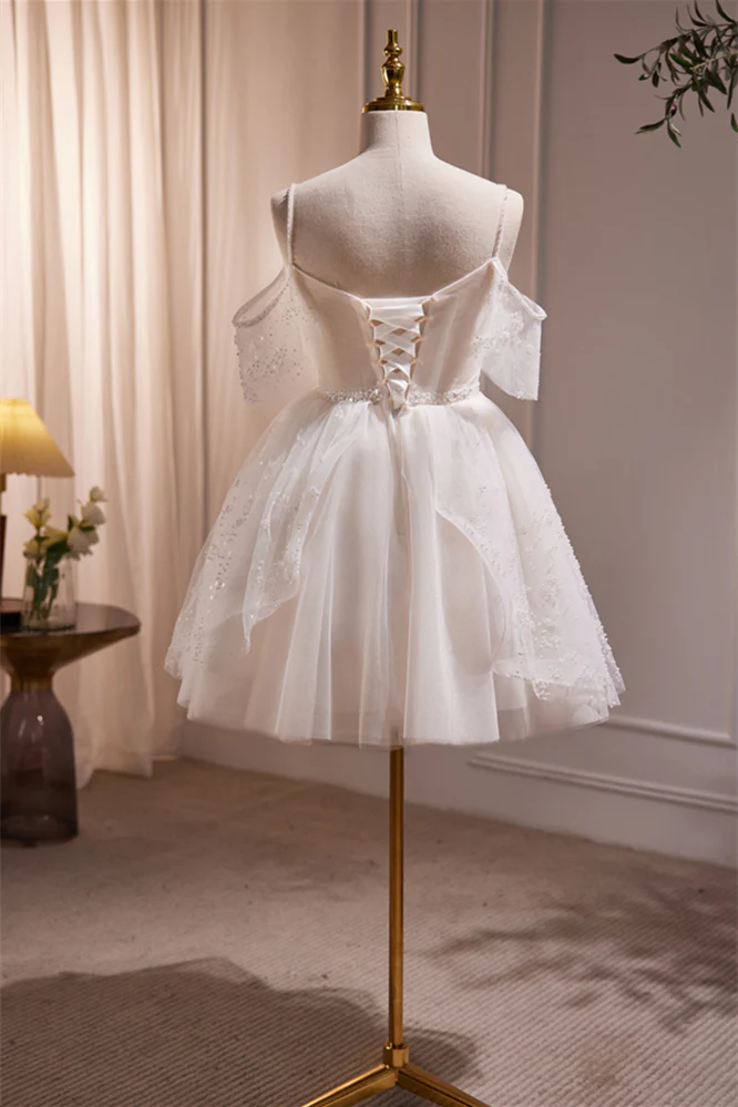 Off the Shoulder White Pearls A-line Short Dress - Image 3