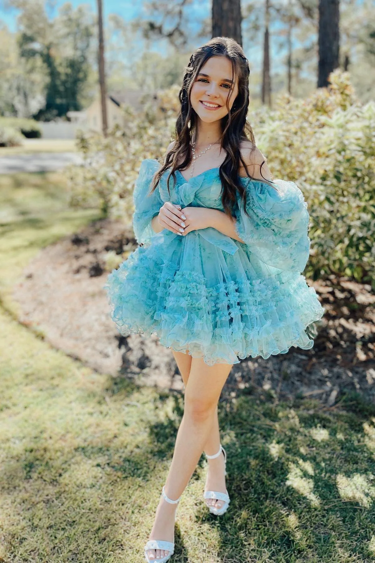 Short Puff Sleeves Blue Floral Babydoll Dress - Image 4
