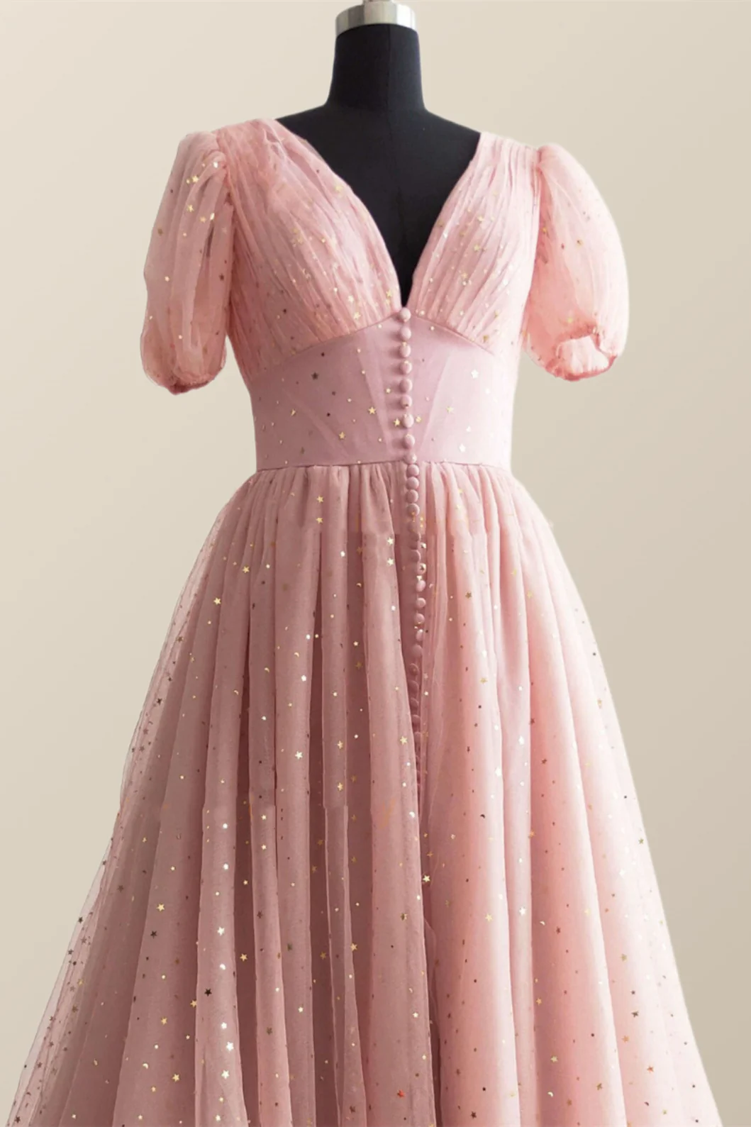 Short Sleeves Blush Pink Long Party Dress - Image 2