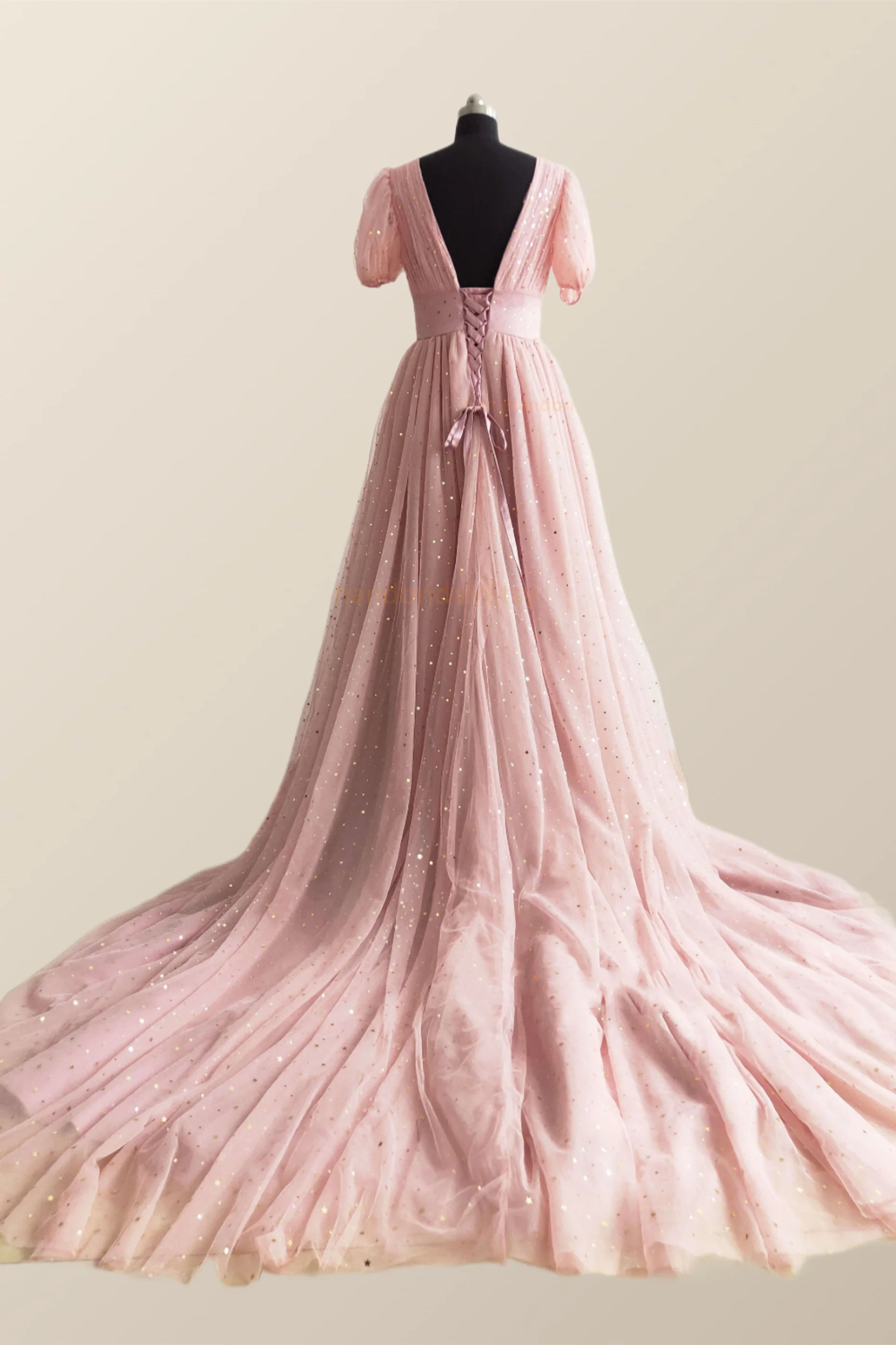 Short Sleeves Blush Pink Long Party Dress - Image 3