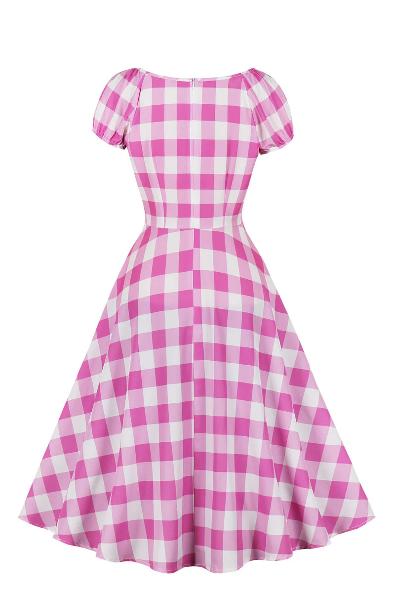 Short Sleeves Pink Plaid Short Dress - Image 2
