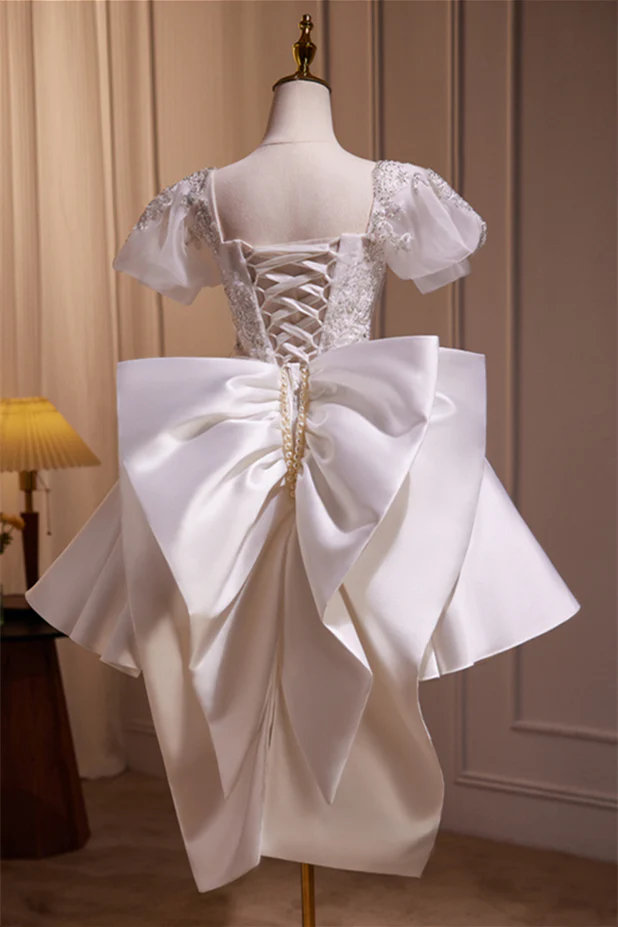 Short Sleeves White Beaded A-line Short Princess Dress - Image 2