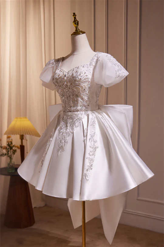Short Sleeves White Beaded A-line Short Princess Dress - Image 3