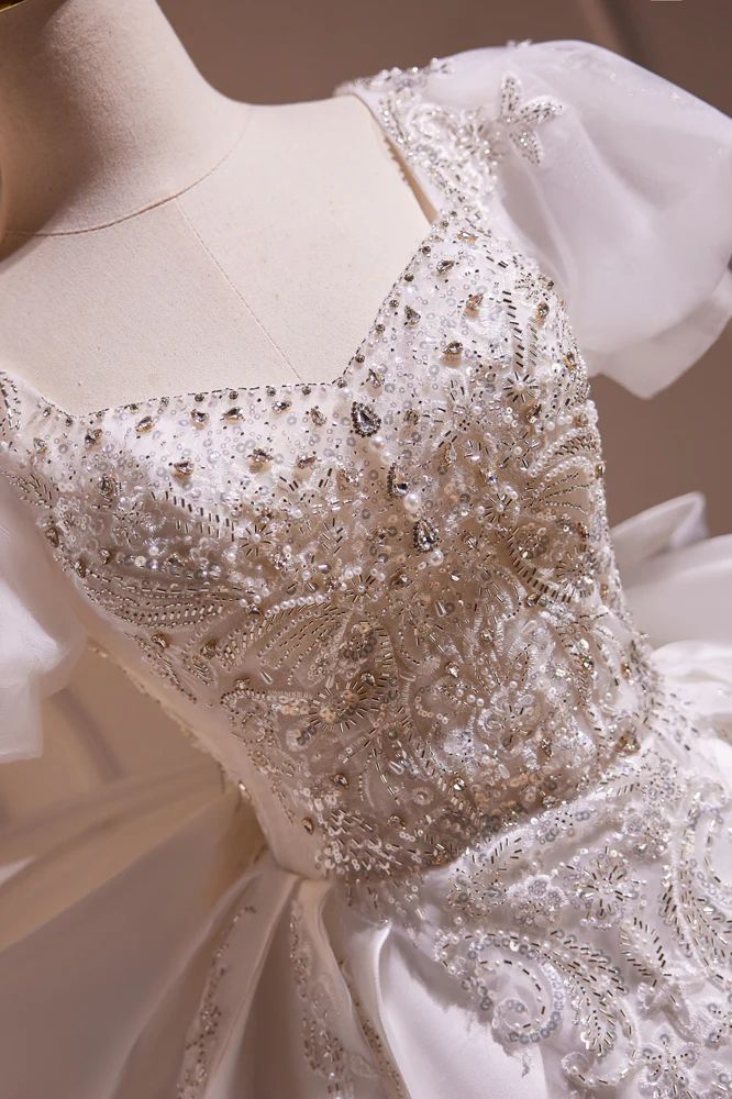 Short Sleeves White Beaded A-line Short Princess Dress - Image 4