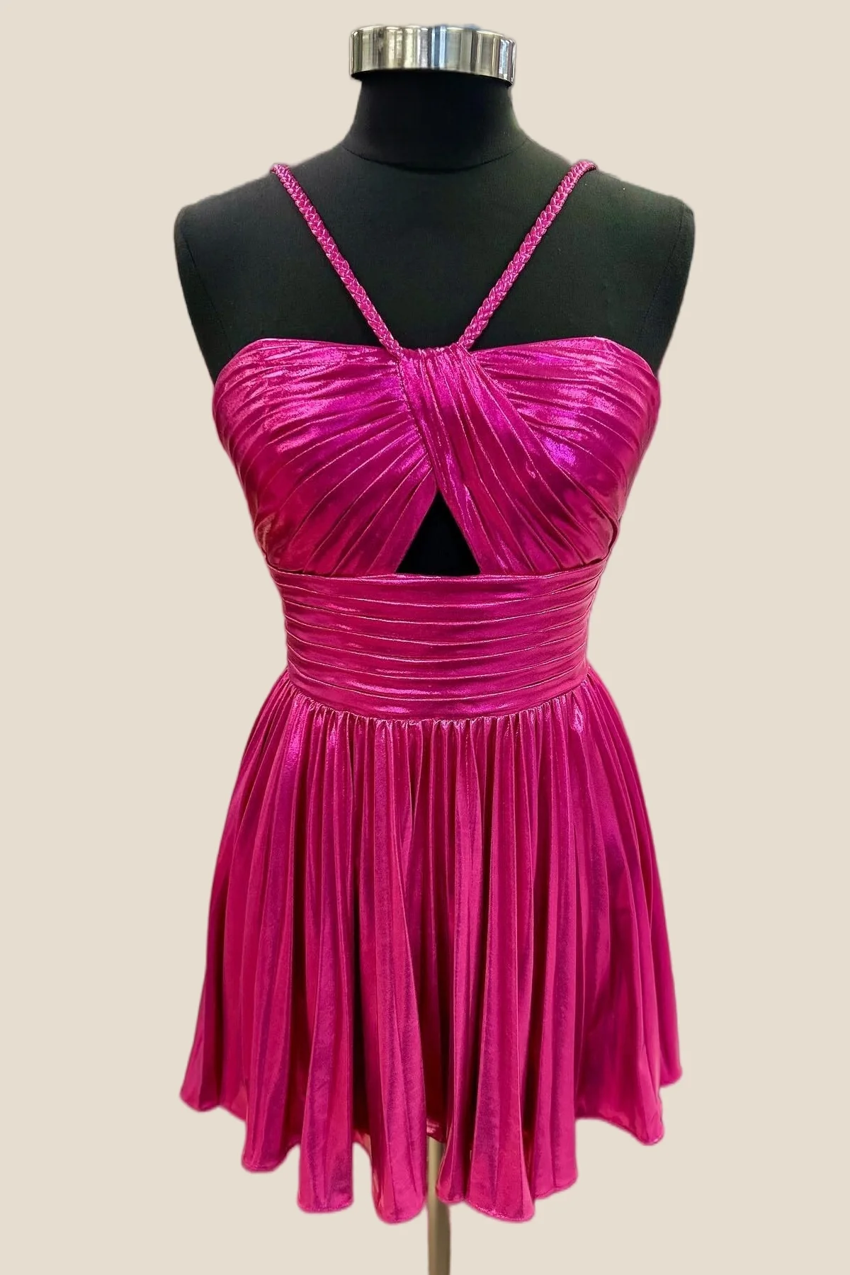 Peacock Metallic Halter Pleated A-line Short Dress - Image 3