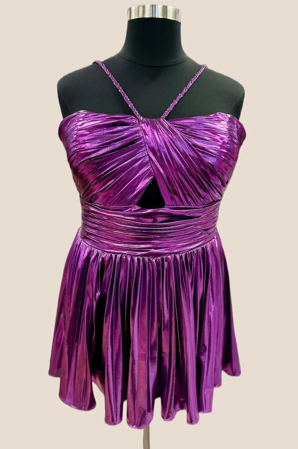 Peacock Metallic Halter Pleated A-line Short Dress - Image 4