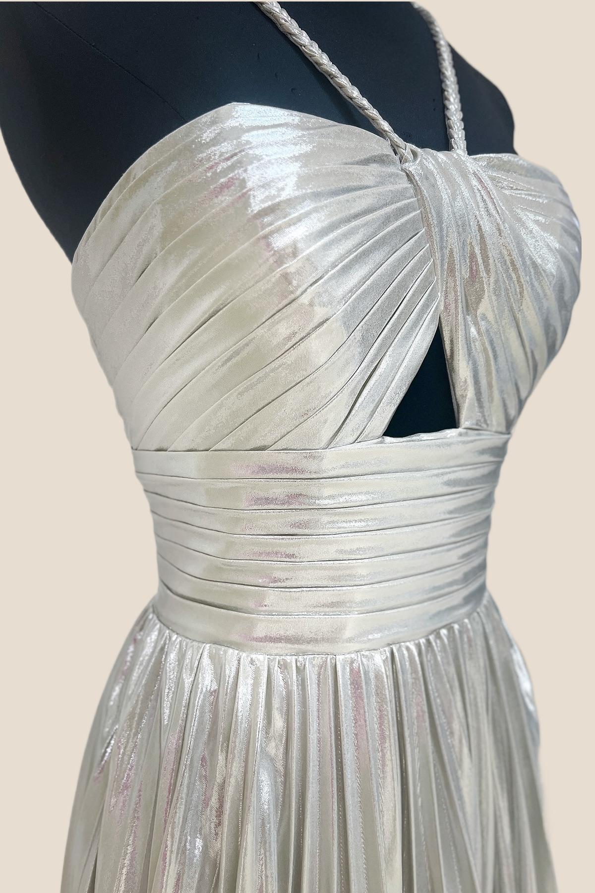 Peacock Metallic Halter Pleated A-line Short Dress - Image 6