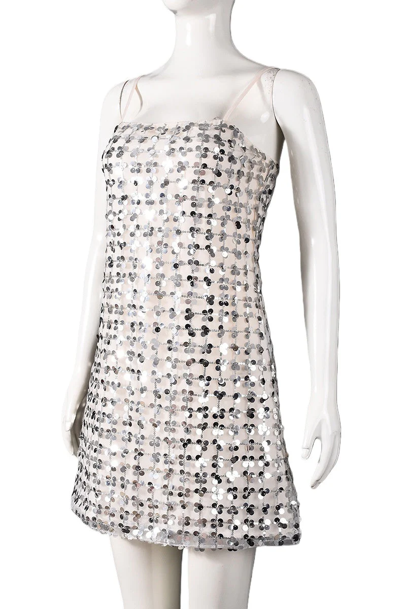 Silver Sequin Straps A-line Short Dress - Image 4