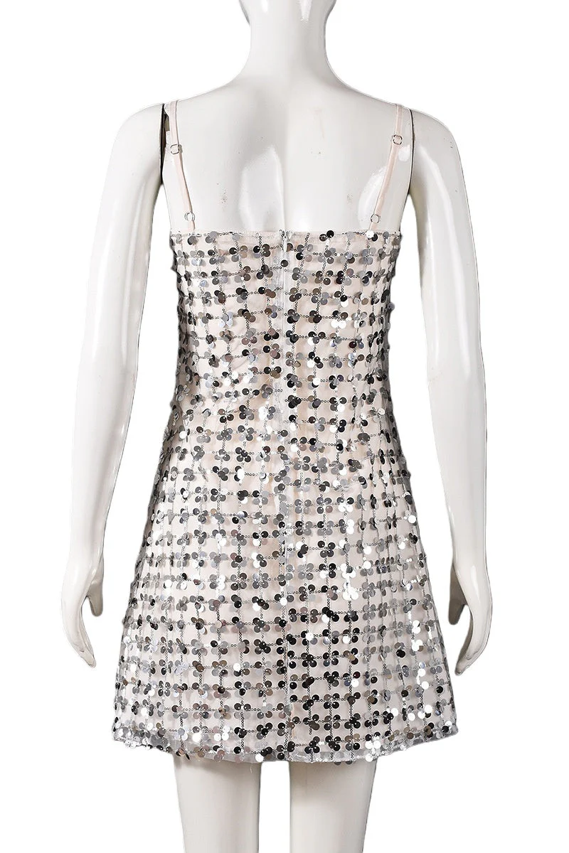Silver Sequin Straps A-line Short Dress - Image 5