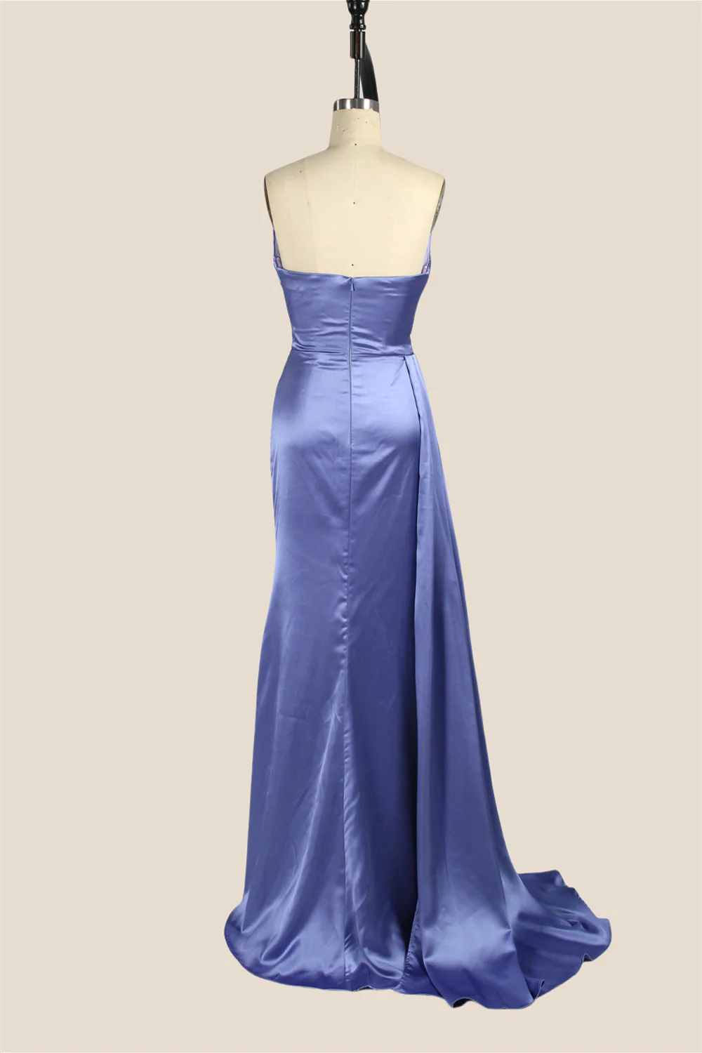 Smoky Blue Ruched Long Dress with Slit - Image 2