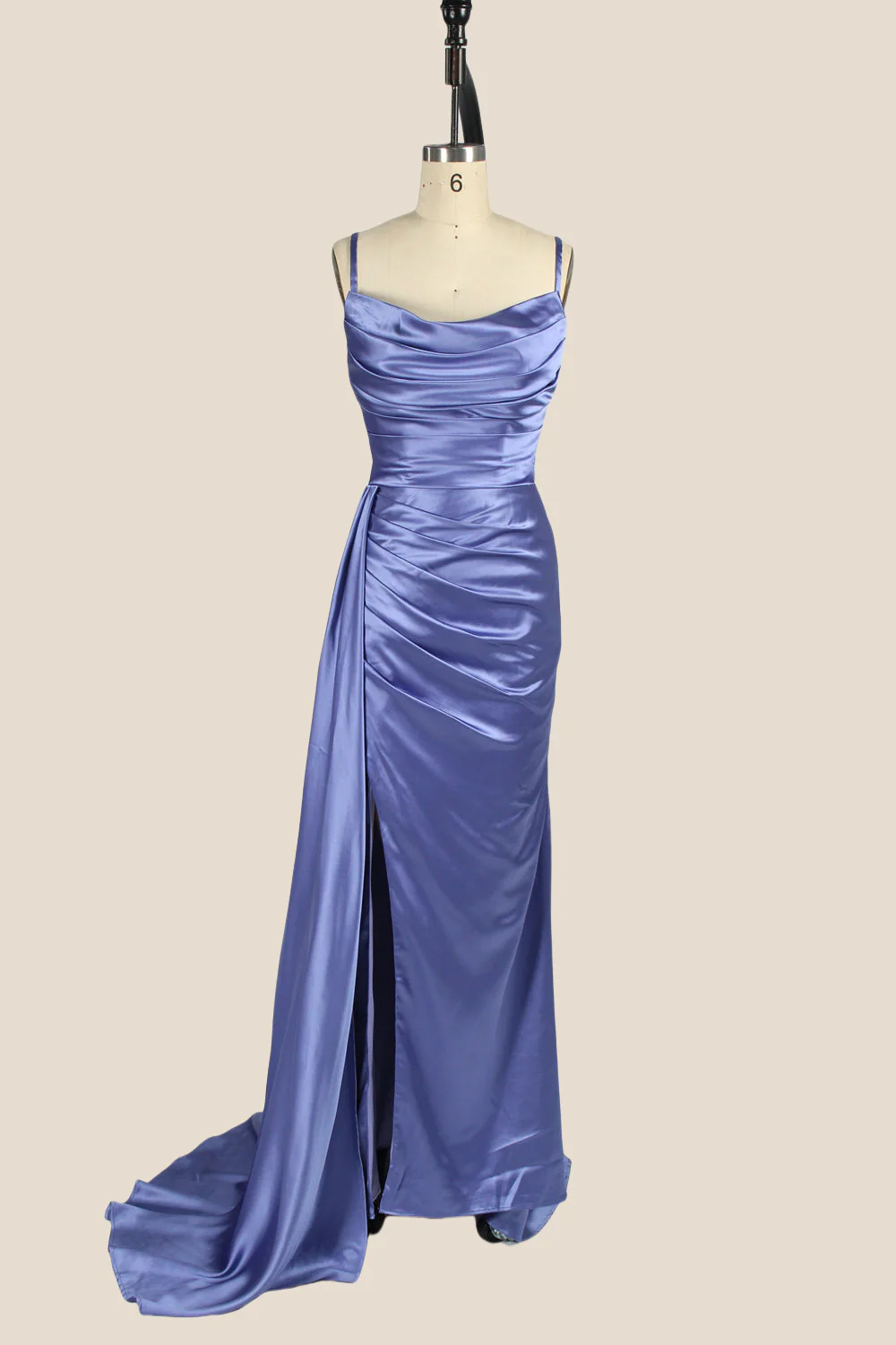 Smoky Blue Ruched Long Dress with Slit - Image 3